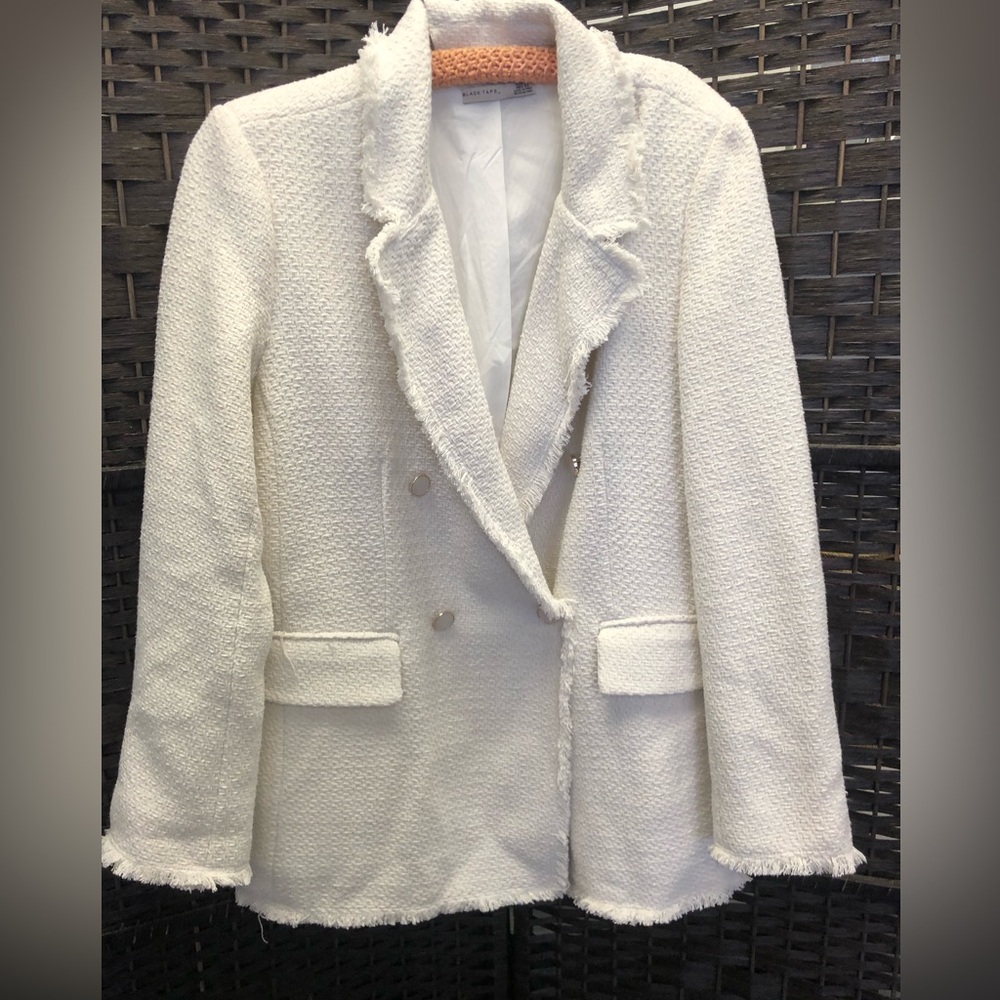 COPY - Black Tape Designer Jacket Inspired by Chanel Off White Tweed Style Size…